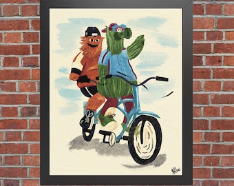 Philly Mascots on a Bike | Phanatic and Gritty Riding Through Philly Print