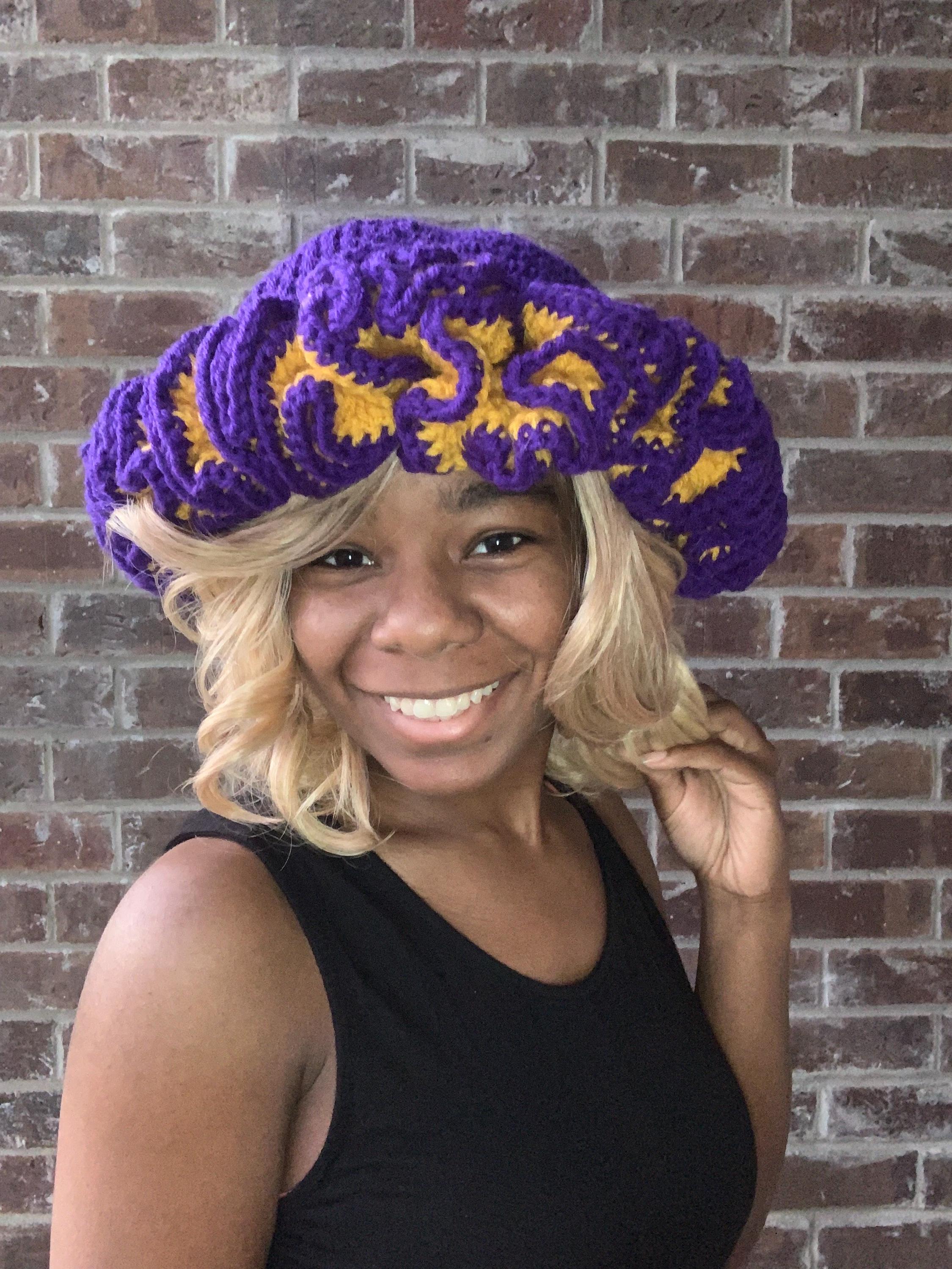 HAND CRAFTED Hat Crochet Bucket Chenille Winter Medium Ruffle Wide Brim Purple Big Ruffles Yarn Bucket Hat - Crochet Blue W Flower or  main image 4