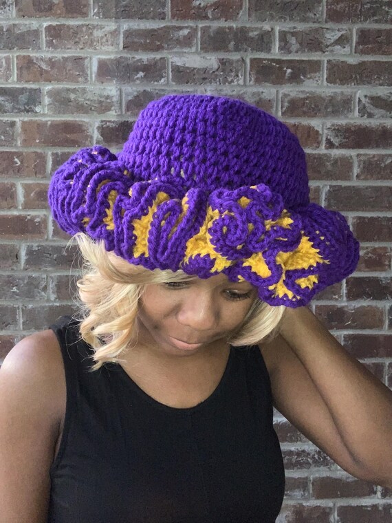 Purple and Gold Crochet Ruffle Bucket Hat, Purple and Gold  display picture 1