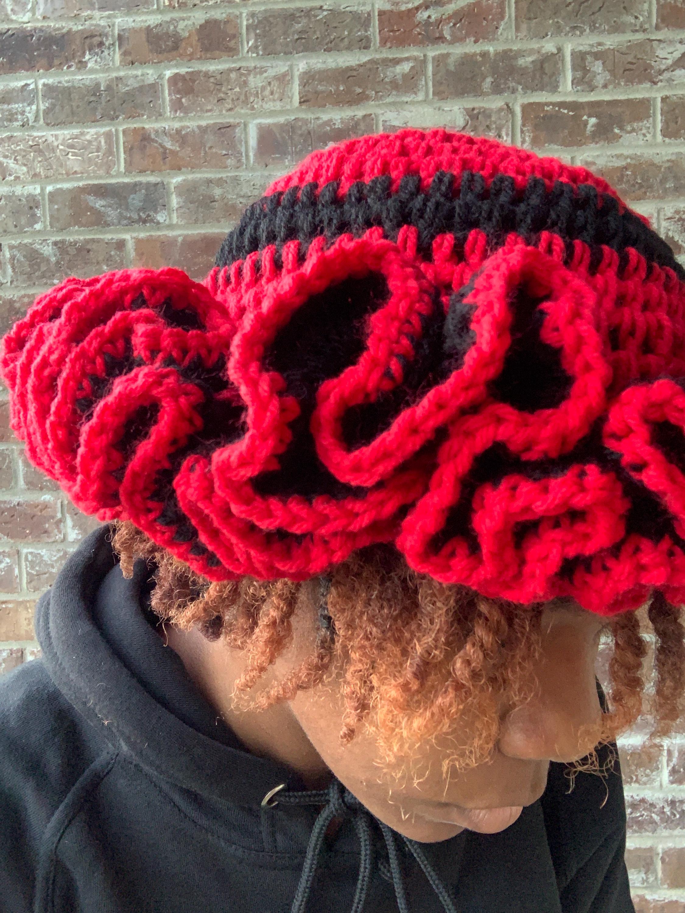 Red Lady Bug Crochet Ruffle Bucket Hat, Red and Black 