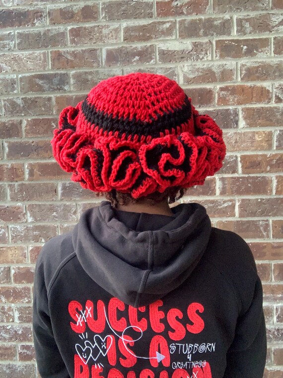 Red Lady Bug Crochet Ruffle Bucket Hat, Red and Black 