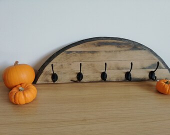 Solid Oak wall mounted coat hanger made from reclaimed whiskey barrels