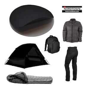 May include: A black camping tent, a black rucksack, a black sleeping bag, black trousers, and a grey puffer jacket. NORDTOWN. www.nordtown.com