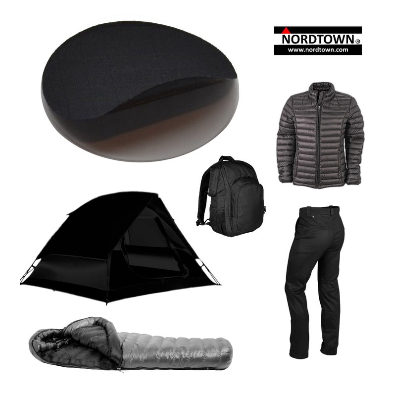 May include: A black camping tent, a black rucksack, a black sleeping bag, black trousers, and a grey puffer jacket. NORDTOWN. www.nordtown.com