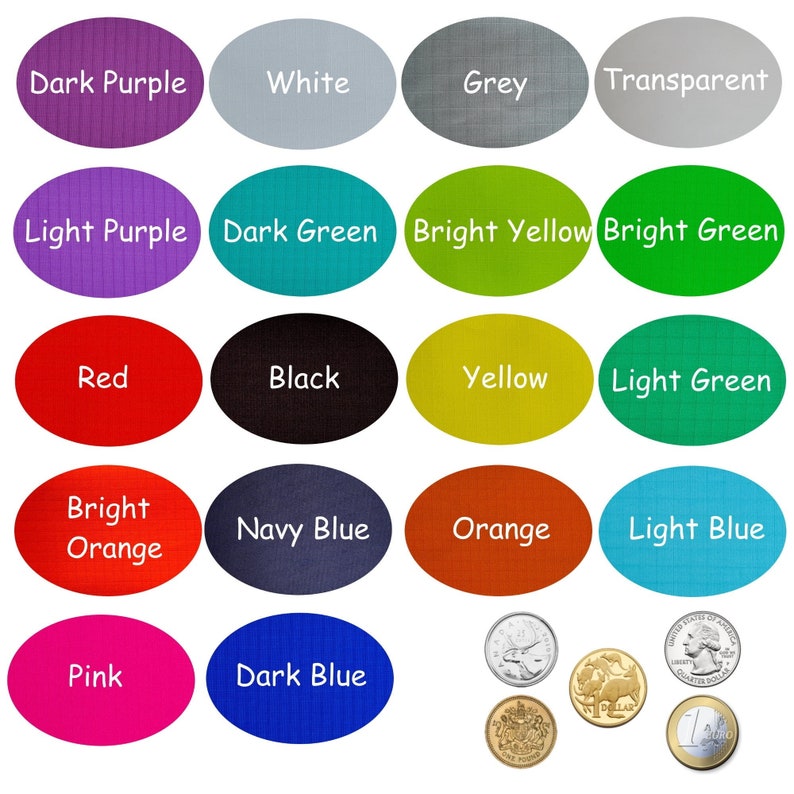 May include: A chart of 16 colour swatches in oval shapes with the colour names written in white text. The colours are: dark purple, white, grey, transparent, light purple, dark green, bright yellow, bright green, red, black, yellow, light green, bright orange, navy blue, orange, light blue, pink, and dark blue.