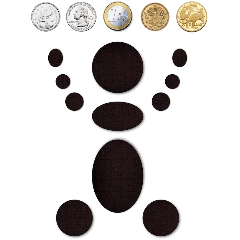 May include: A black silhouette of a person made from circles and ovals. The silhouette is surrounded by six coins, including a Canadian coin, a US quarter, a Euro coin, a British pound coin, and two Australian dollar coins.
