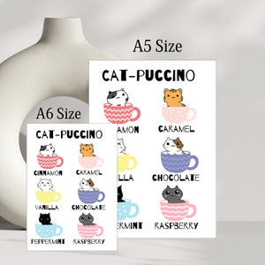 Puede incluir: Dos dise&ntilde;os imprimibles para tazas de caf&eacute; con tem&aacute;tica de gatos. El dise&ntilde;o de tama&ntilde;o A6 presenta seis tazas con gatos dentro, cada una con un sabor diferente: canela, caramelo, vainilla, chocolate, menta y frambuesa. El dise&ntilde;o de tama&ntilde;o A5 presenta cuatro tazas con gatos dentro, cada una con un sabor diferente: amon, caramelo, chocolate y frambuesa.