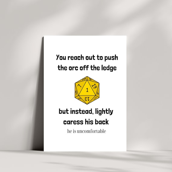 Funny D&D Birthday Card: Orc Ledge Quote, D20 Dice