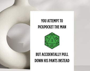 Tarjeta de cumpleaños divertida de D&D: Fracaso del carterista, dados D20
