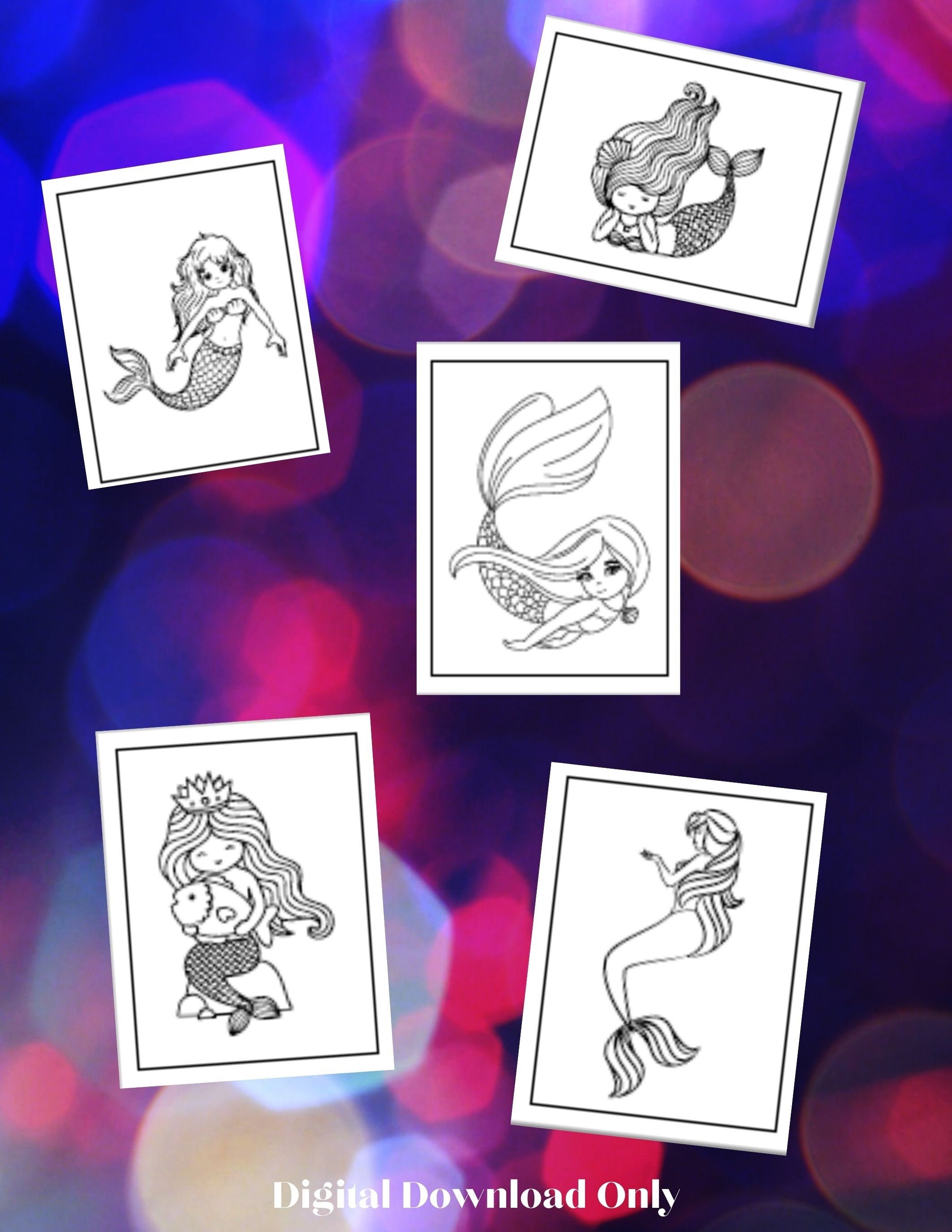Pretty Mermaid Coloring Pages - Etsy