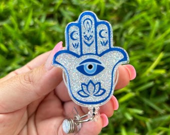 Hamsa Badge Reel, Hamsa Badge Holder, Retractable Badge, Hamsa, Spiritual, Protection, Evil Eye Badge Reel, Ojo Badge Reel