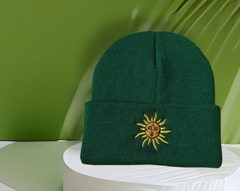 Sun Embroidery Beanie, Sun Beanie, Green Beanie, Cuffed Beanie, Celestial Sun Beanie, Gold Sun Beanie