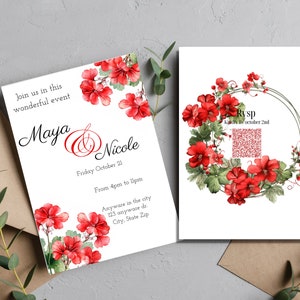 Water Painted Red Pelargonium Wedding Invitation