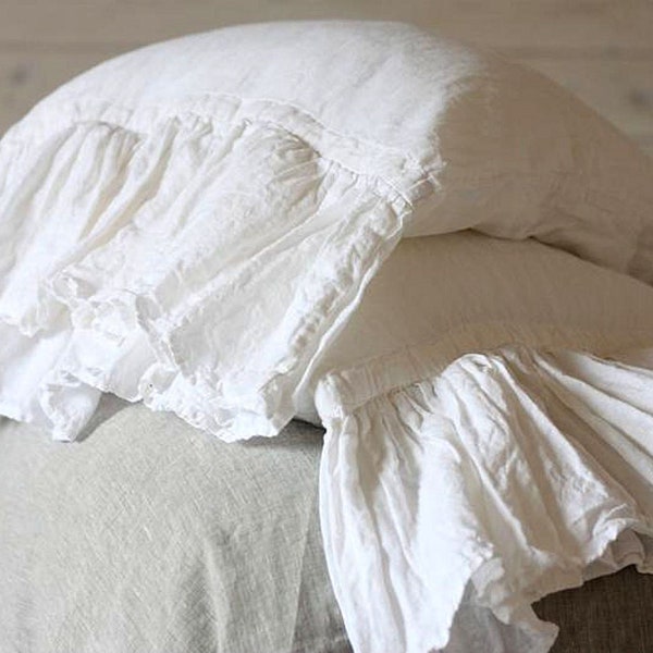 Linen Pillowcases with ruffles and ties, Linen shabby chic pillow case Standard pillow cover Queen pillow shams linen bedding euro sham