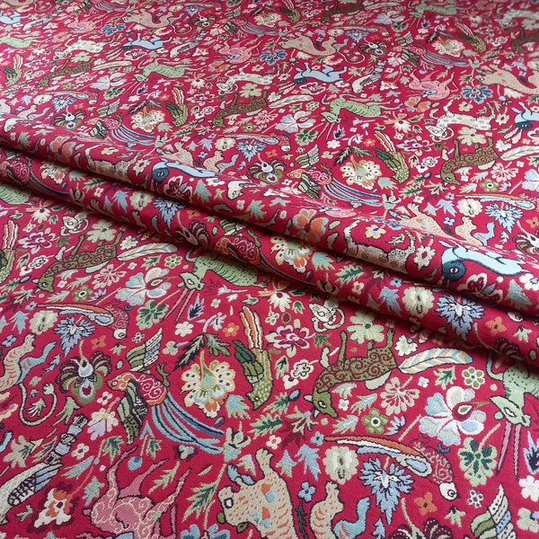 Tapestry Designer Heavyweight Luxury Fabric Tudor Forest Red Mythical Animals Upholstery Furnishing Craft Curtain Fabric By The Metre