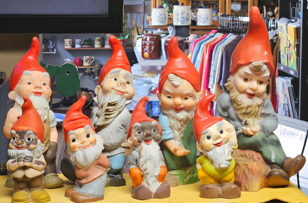 8 Heissner Garden Gnomes , 4 Larger 13 and 4 Smaller 7 Dirty Face