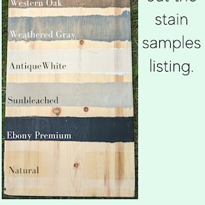 May include: Wood stain samples in various colors, including Golden Oak, Early American, Western Oak, Weathered Gray, Antique White, Sunbleached, Ebony Premium, and Natural.  Check out the stain samples listing.