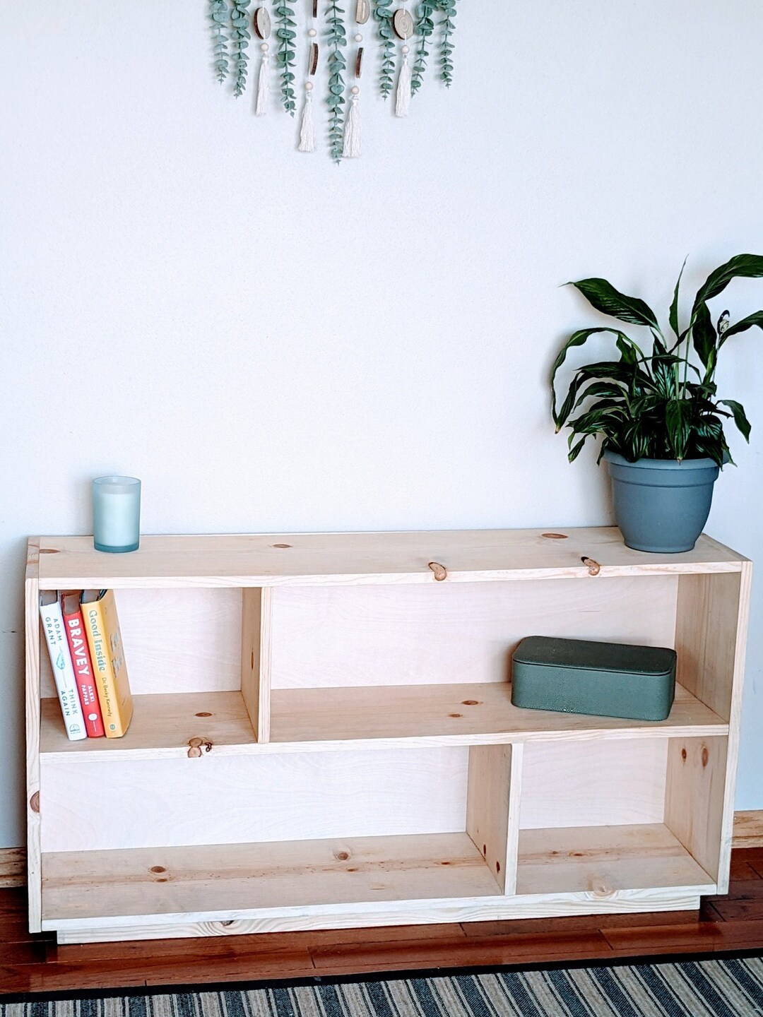 Low Bookshelf Low Wood Bookcase Horizontal Bookshelf Behind Etsy