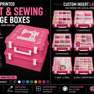 May include: Two stacked pink plastic storage boxes with white latches and a white sewing machine graphic on the lid. The image displays various internal compartment configurations, including grids of nine, twelve, or mixed-size sections for craft supplies.