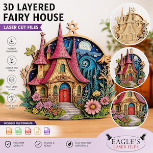 Könnte beinhalten: Ein 3D-geschichtetes Feenhaus-Laser-Cut-Datei-Design. Das Haus hat rosa Dächer, eine rote Tür und einen detaillierten Garten. Das Design enthält den Text "3D LAYERED FAIRY HOUSE" und "LASER CUT FILES".