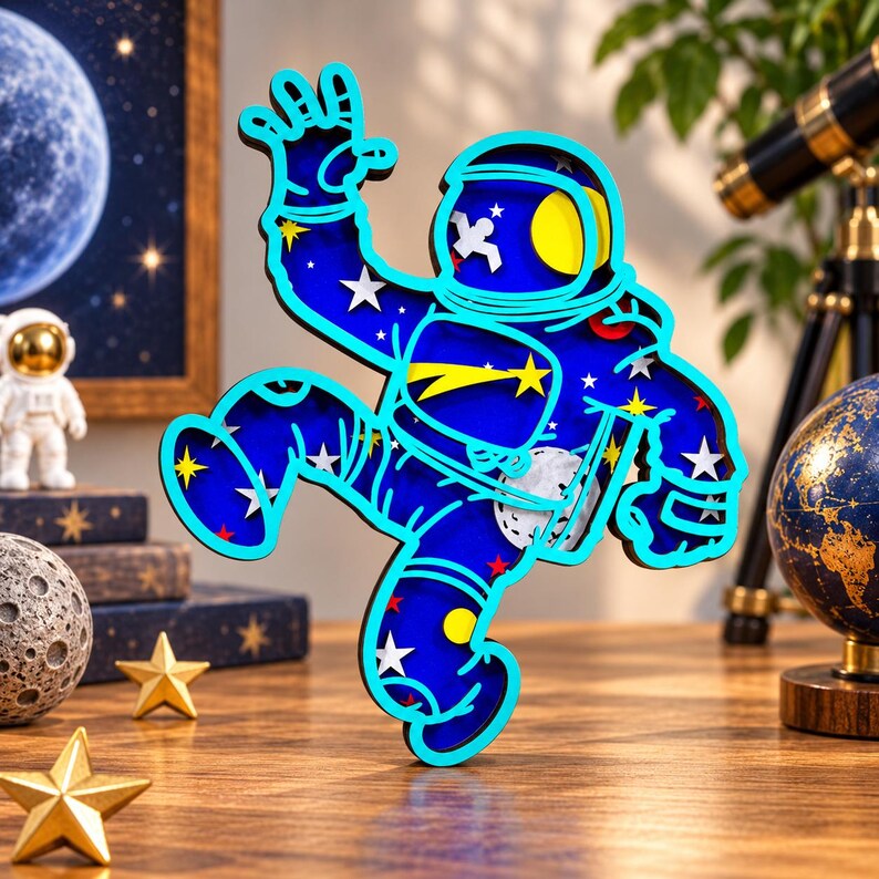 May include: A layered wooden cutout of an astronaut in a dynamic pose, featuring a vibrant blue space-themed background with yellow stars, a comet, and a moon. The astronaut is outlined in bright cyan, creating a bold, multi-dimensional appearance.