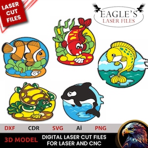 Archivos de peces cortados con láser, archivos SVG de peces, archivos SVG de peces, archivos cortados con láser, archivos SVG, archivos SVG 3D, archivos en capas, Cricut, archivos de animales, pintura en madera