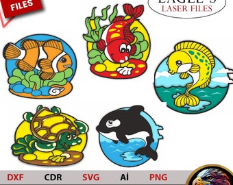 Dıy paint kits files Multilayered 5 fish files 3mm Laser ocean svg files Glowforge files painting files, dıy kit files