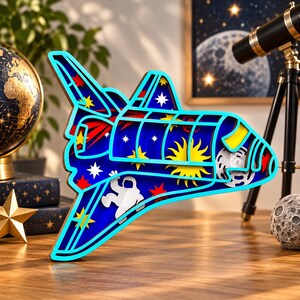 May include: A multi-layered wooden space shuttle wall art piece featuring a bright blue frame, a deep blue background with yellow suns, red and white stars, and a white astronaut figure floating within the shuttle's silhouette design.
