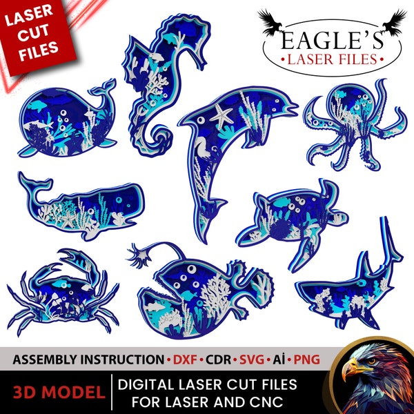 Laser cut files Marine Animals 9 File 5 layers Cachalot Crab Deep Dolphin Octopus Seahorse Shark Turtle Whale Dıy paint kits files