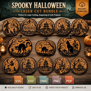Layered Spooky Halloween Round Bundle Laser Cut Files - Witch Cat Haunted House SVG DXF | Multi Layer Halloween Wall Decor  Glowforge