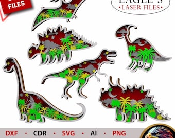 Dıy paint kits files Multi Layered Dinosaurs 6 Layers 6 Different Dinosaur Models 3mm painting kits, Laser cut files