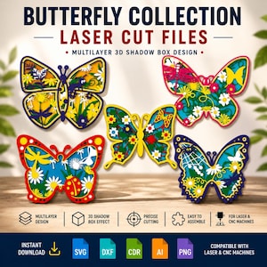 Bundle SVG papillon multicouche - art mural papillon 3D découpé au laser, boîte d'ombre papillon floral DXF, décoration de jardin printanière pour Glowforge Cricut image 1