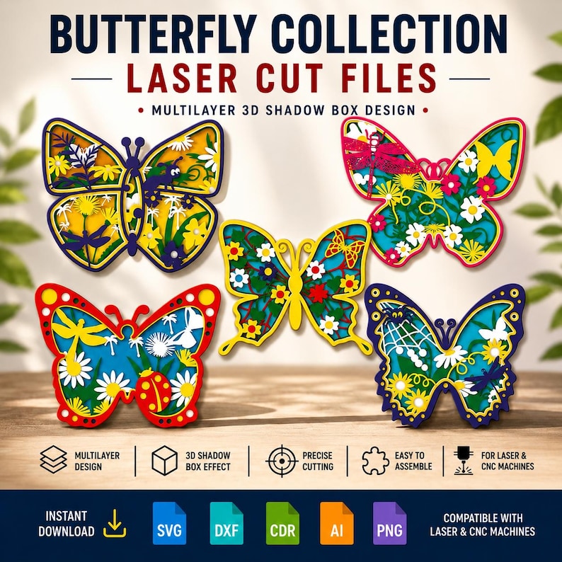 Bundle SVG papillon multicouche - art mural papillon 3D découpé au laser, boîte d'ombre papillon floral DXF, décoration de jardin printanière pour Glowforge Cricut image 1