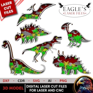 File di dinosauri laser, file SVG di dinosauri, file tagliati al laser, file SVG, file Lightburn, file 3D, file a strati, file Cricut, file di animali