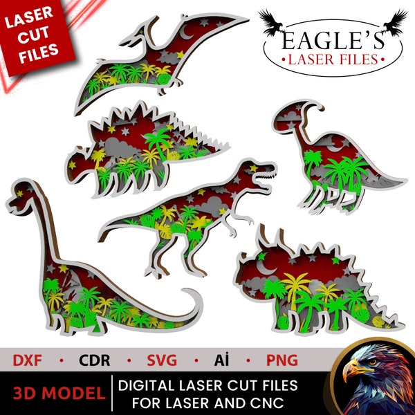 Dıy paint kits files Multi Layered Dinosaurs 6 Layers 6 Different Dinosaur Models painting kits  Laser cut svg files