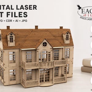 Könnte beinhalten: Ein detailliertes Holzpuppenhaus mit braunem Dach, entworfen für den Laserschnitt. Das Bild enthält den Text "DIGITAL LASER CUT FILES" und "EAGLE FILES". Das Design wird als laserfertig, präzise, detailliert, einfach zu montieren und sofort zum Download verfügbar beschrieben.