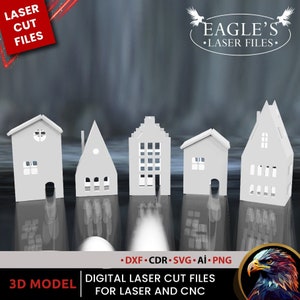 Pacote de Arquivos SVG de Casas de Natal | Arquivos de Corte a Laser 3D para Casas Decorativas de Vila | Modelos de Vilas de Natal para Glowforge | Decoração de Natal em LED