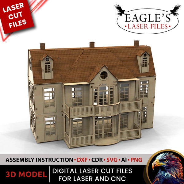 Doll House laser cnc cut files height 63cm length 90cm depth 50cm laser cut files, Glowforge files, lightburn files, xtool laser files, Cnc