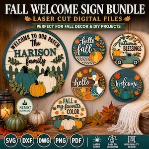 Fall Welcome Sign Bundle Laser Cut Files - Personalized Pumpkin Family SVG DXF | Autumn Round Wall Decor | Glowforge Digital Download