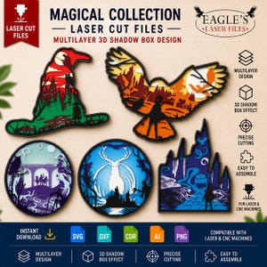 Harry Potter Wizard Multilayer SVG Bundle Laser Cut, Glowforge Ready Hogwarts Castle Patronus Layered Pack, Magical Kids Decor Svg Dxf