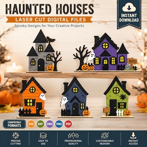Haunted Houses Laser Cut Files Bundle - Spooky Halloween Village SVG DXF | Multi Layer Ghost Pumpkin House Decor | Glowforge