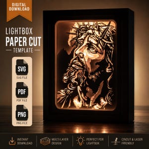 May include: A digital download lightbox paper cut template featuring a black and white layered illustration of Jesus wearing a crown of thorns. The design includes text labels for SVG, PDF, and PNG file formats, along with icons for instant download.