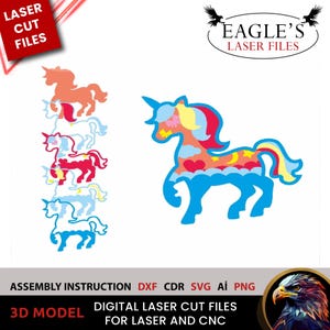 Archivos de unicornio cortados con láser, archivos SVG de unicornio, archivos de caballo unicornio, archivos cortados con láser, archivos SVG, archivos Lightburn, archivos SVG 3D