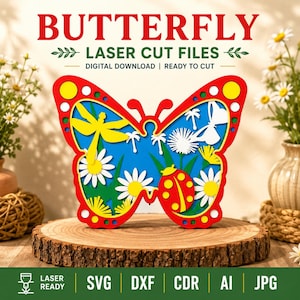 Peut inclure: Un motif de papillon multicouche aux couleurs rouge, jaune, blanc et bleu avec des d&eacute;coupes de libellule, de coccinelle et de fleurs. Le texte indique BUTTERFLY LASER CUT FILES DIGITAL DOWNLOAD READY TO CUT et SVG DXF CDR AI JPG.
