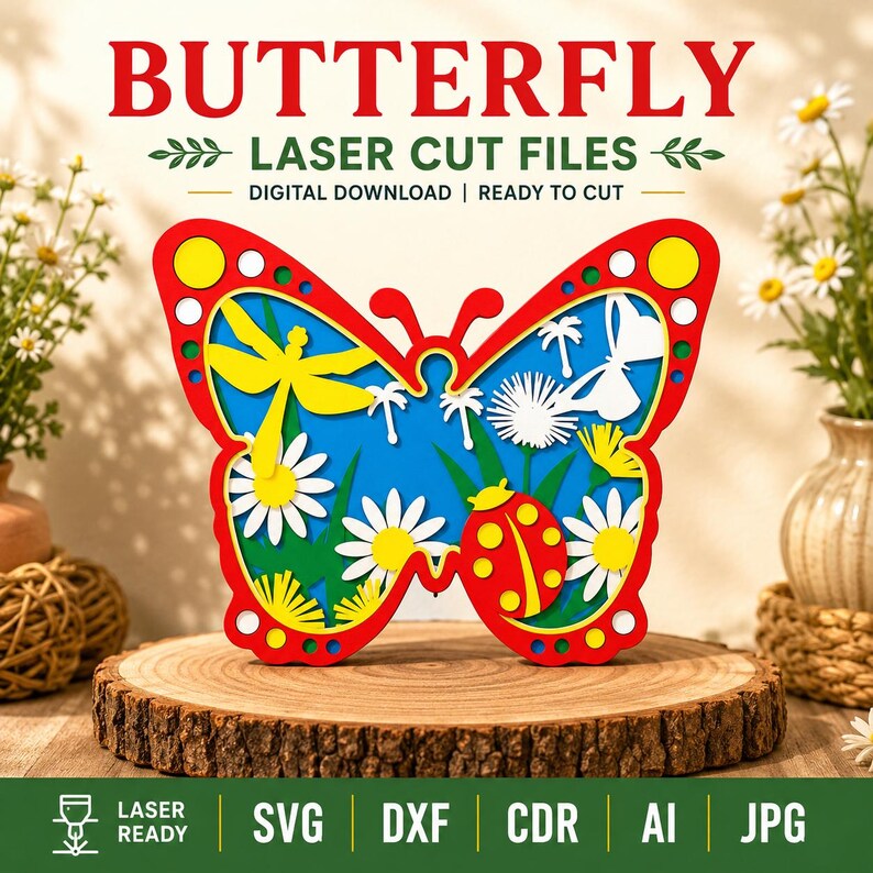 Peut inclure: Un motif de papillon multicouche aux couleurs rouge, jaune, blanc et bleu avec des d&eacute;coupes de libellule, de coccinelle et de fleurs. Le texte indique BUTTERFLY LASER CUT FILES DIGITAL DOWNLOAD READY TO CUT et SVG DXF CDR AI JPG.