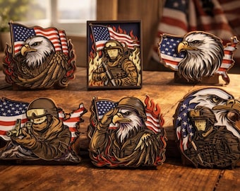 Patriotic Laser Cut Files SVG, 3D Layered American Eagle SVG, Military Soldier Dxf for Laser, USA Flag Files, Glowforge Multi layer Wood Art