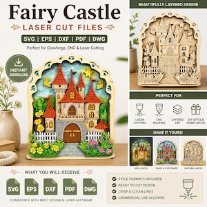 Puede incluir: Un diseño de castillo de hadas de madera en capas para corte láser. El castillo presenta torres rojas, una fachada de piedra y una valla blanca. El diseño es compatible con la mayoría de los programas de diseño y láser. El texto "Fairy Castle Laser Cut Files" está incluido.