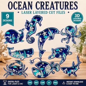 Meeresbewohner SVG Bundle - Meerestiere Laser Cut Dateien, Meeresleben Shadow Box SVG DXF, Schildkröte Oktopus Hai Wal Cut Files für Glowforge