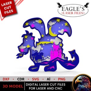 Arquivos svg de corte a laser Dragão Cinderela Nosso arquivo consiste em 5 camadas e é adequado para madeira de 3 mm 20 x 17 cm, kits de pintura faça você mesmo arquivos Cricut