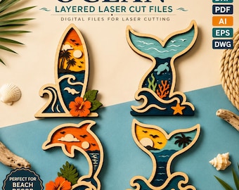 Ocean Layered Laser Cut Files | Surfboard, Whale Tail, Dolphin Designs (Digital Download)
